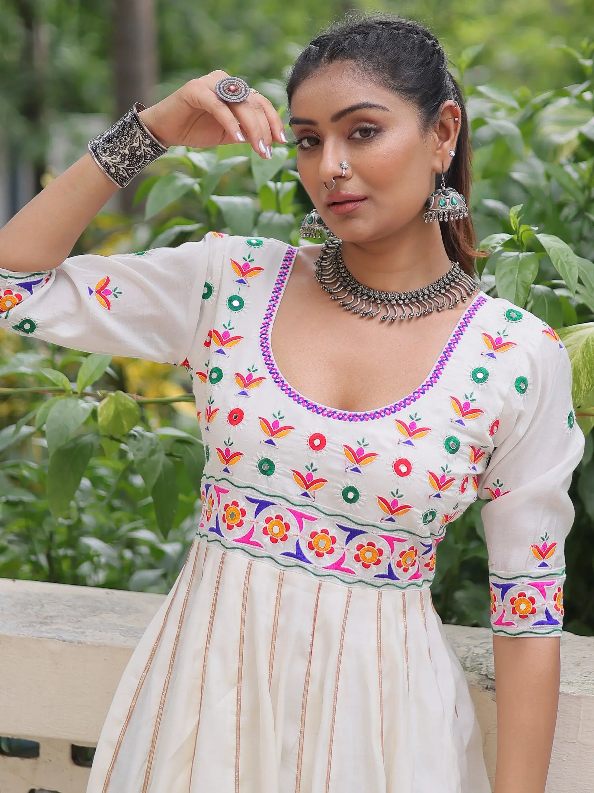 Notable White Multi Thread Work Roman Silk Navratri Special Gown - Zeel Clothing