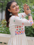 Notable White Multi Thread Work Roman Silk Navratri Special Gown - Zeel Clothing