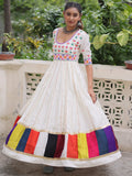 Notable White Multi Thread Work Roman Silk Navratri Special Gown - Zeel Clothing