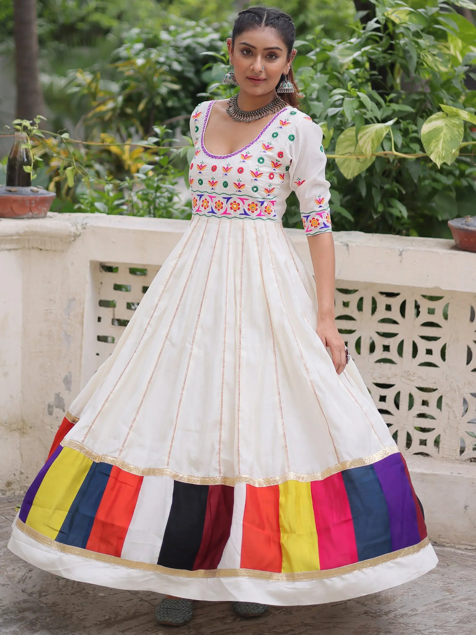 Notable White Multi Thread Work Roman Silk Navratri Special Gown - Zeel Clothing