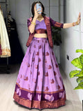Notable Wine Zari Weaving Jacquard Silk Wedding Wear Lehenga Choli With Jacket