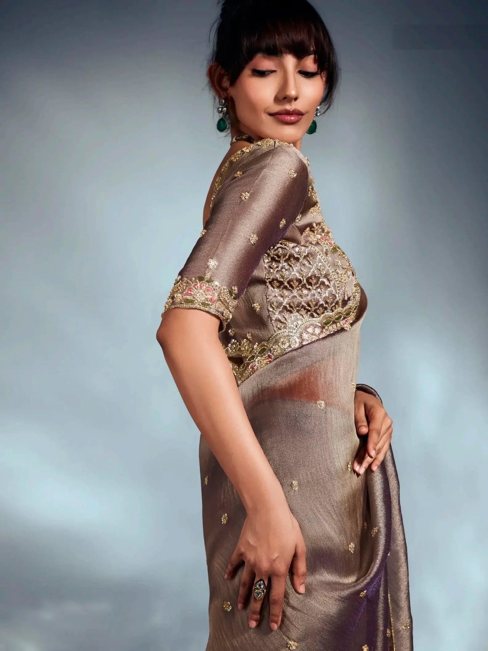 Noteworthy Brown Sequins Work Organza Reception Wear Saree With Blouse - Zeel Clothing