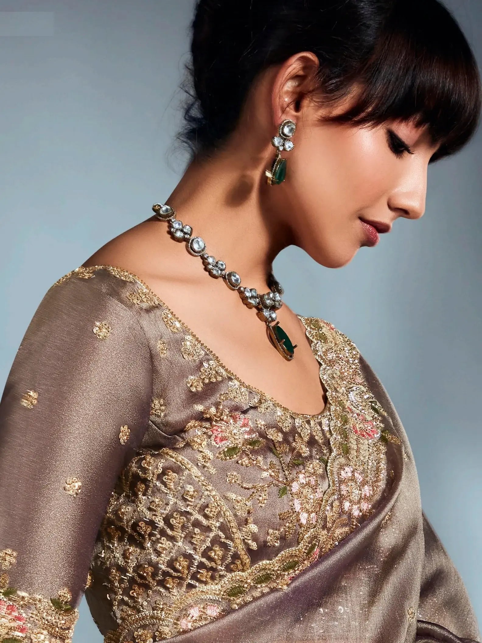 Noteworthy Brown Sequins Work Organza Reception Wear Saree With Blouse - Zeel Clothing