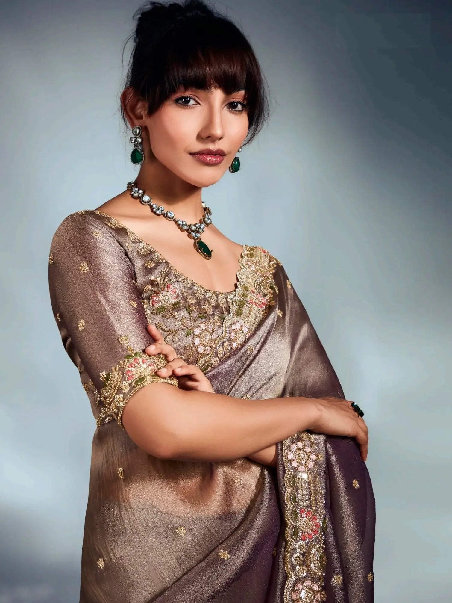 Noteworthy Brown Sequins Work Organza Reception Wear Saree With Blouse - Zeel Clothing