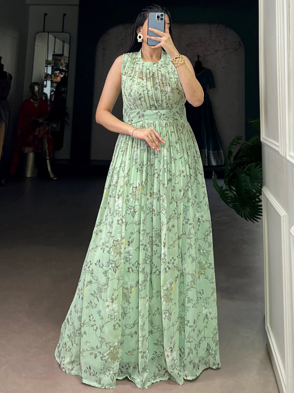 Noteworthy Green Floral Printed Georgette Casual Wear Dress