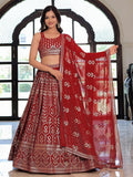Noteworthy Maroon Sequins Georgette Reception Wear Lehenga Choli