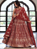 Noteworthy Maroon Sequins Georgette Reception Wear Lehenga Choli