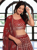 Noteworthy Maroon Sequins Georgette Reception Wear Lehenga Choli