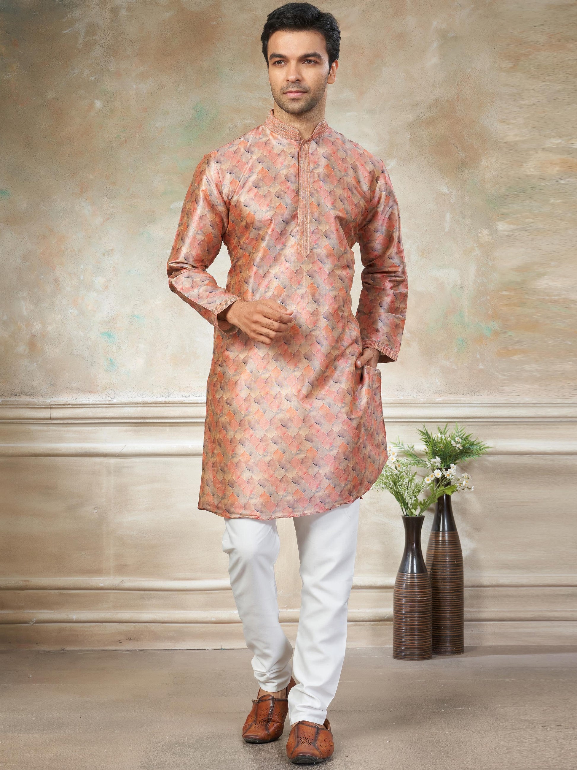Noteworthy Peach Pintex Work Silk Traditional Men Kurta Set