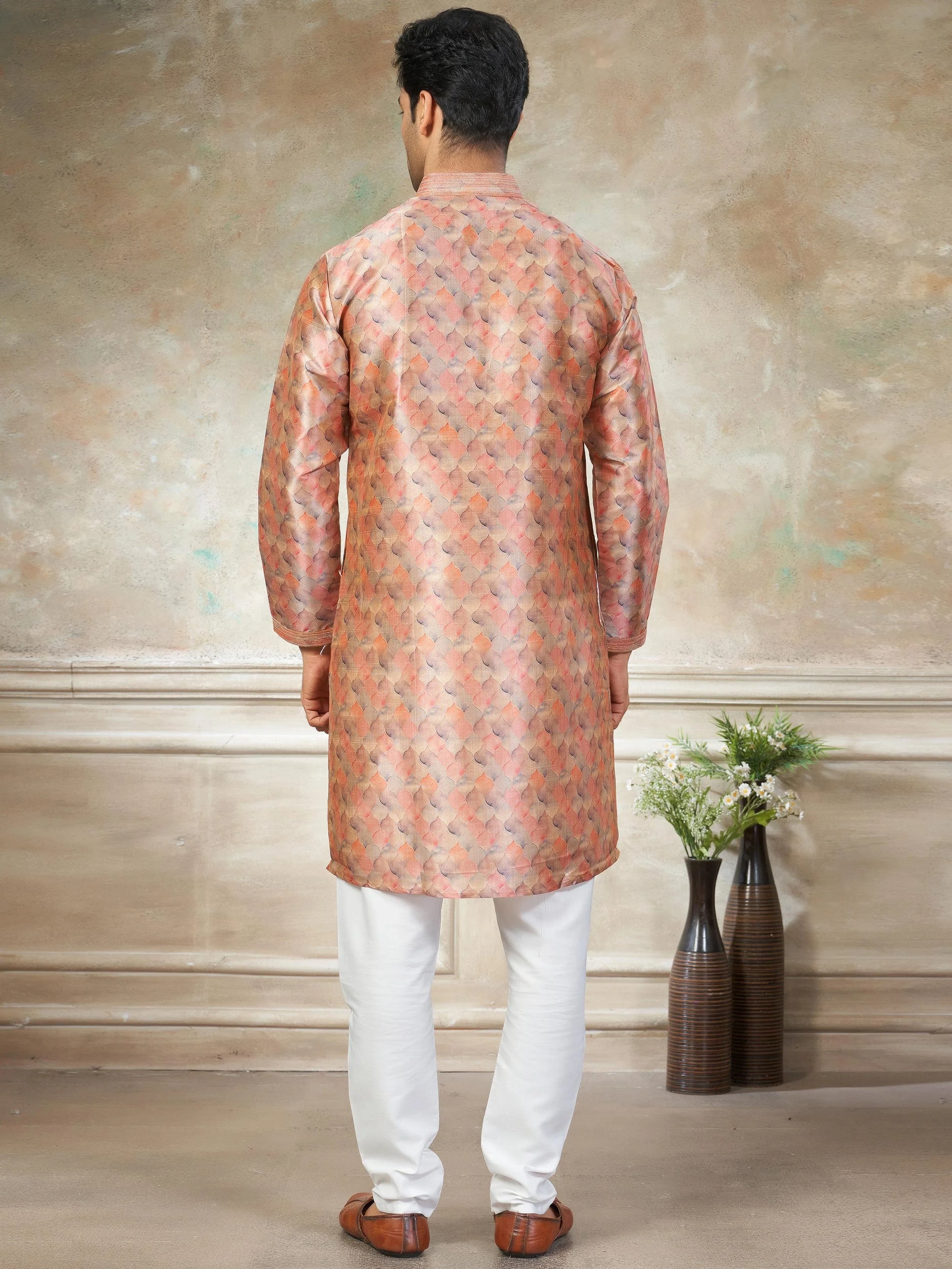 Noteworthy Peach Pintex Work Silk Traditional Men Kurta Set