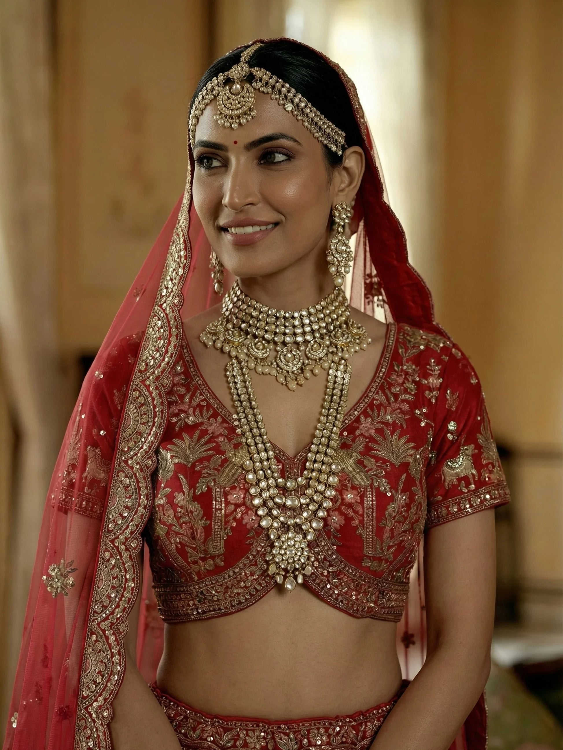 Noteworthy Red Khatali Work Silk Bridal Wear Lehenga Choli With Double Dupatta