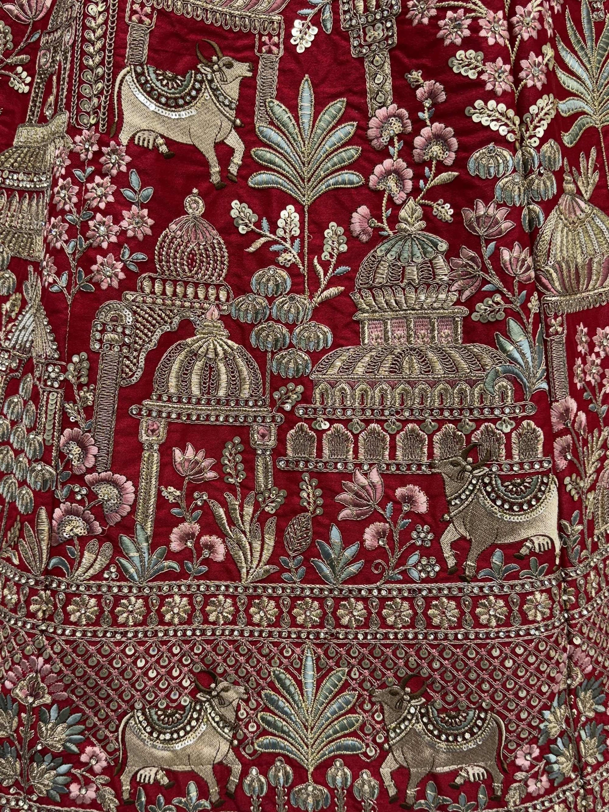 Noteworthy Red Khatali Work Silk Bridal Wear Lehenga Choli With Double Dupatta