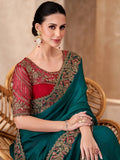 Noteworthy Teal Green Embroidery Border Work Chiffon Event Wear Saree - Zeel Clothing