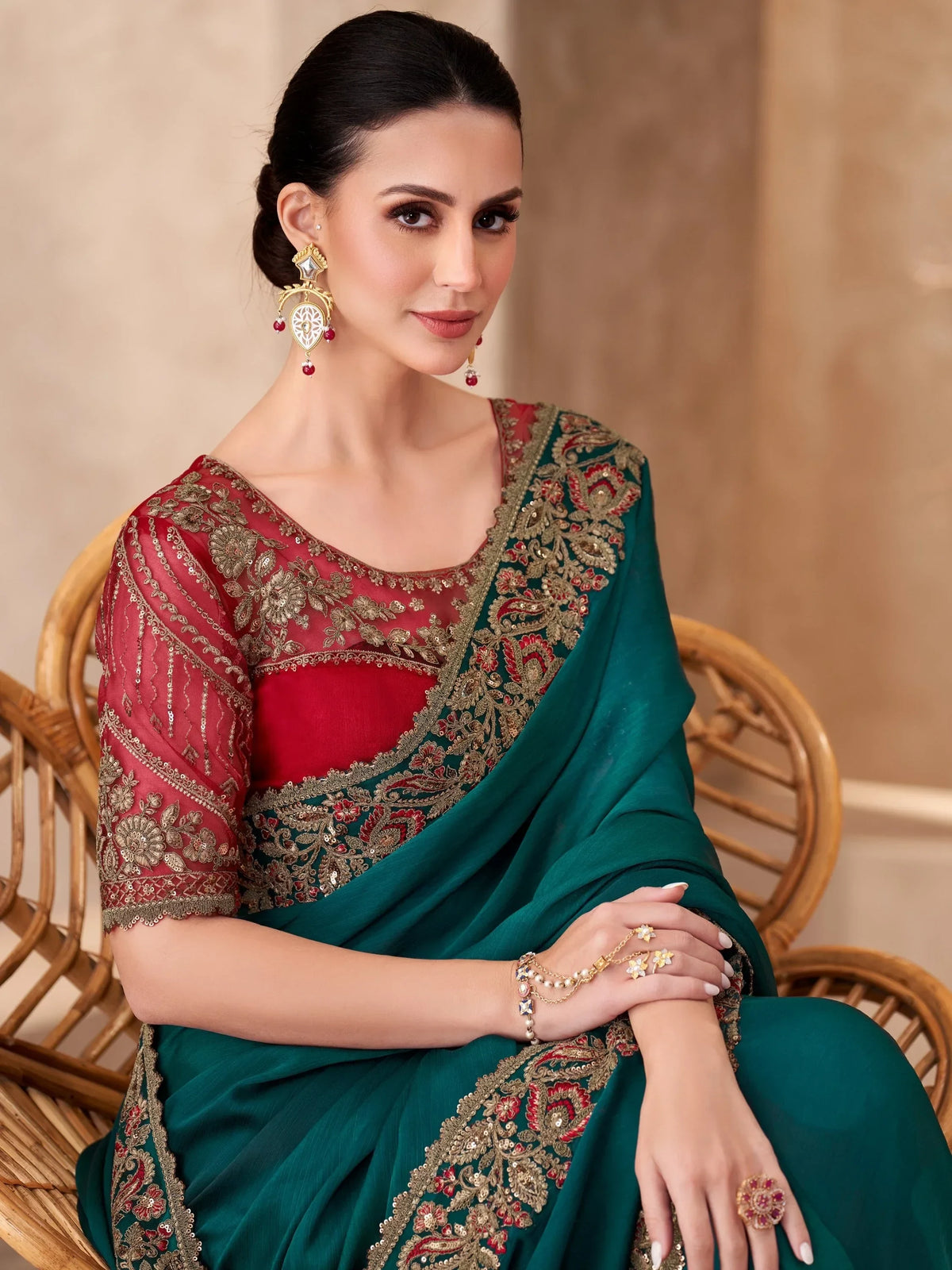 Noteworthy Teal Green Embroidery Border Work Chiffon Event Wear Saree - Zeel Clothing