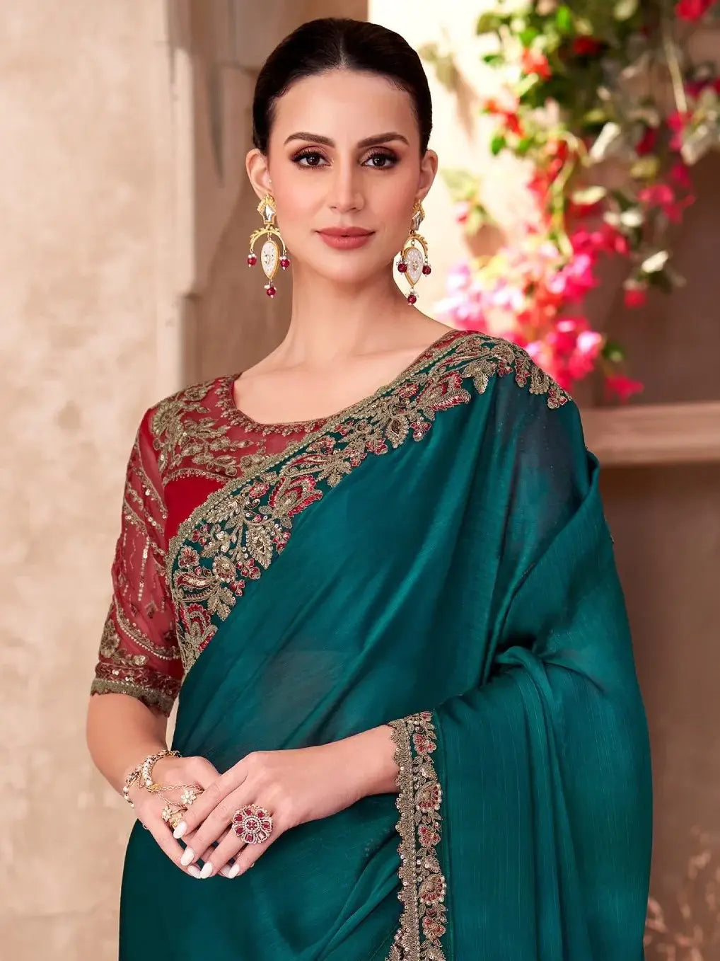 Noteworthy Teal Green Embroidery Border Work Chiffon Event Wear Saree - Zeel Clothing