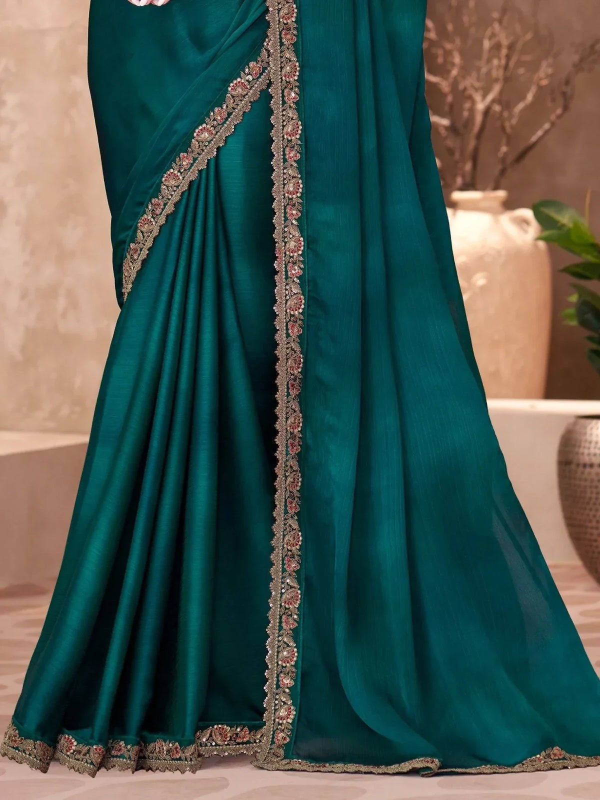 Noteworthy Teal Green Embroidery Border Work Chiffon Event Wear Saree - Zeel Clothing