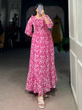 Noticeable Pink Printed Georgette Casual Wear Dress