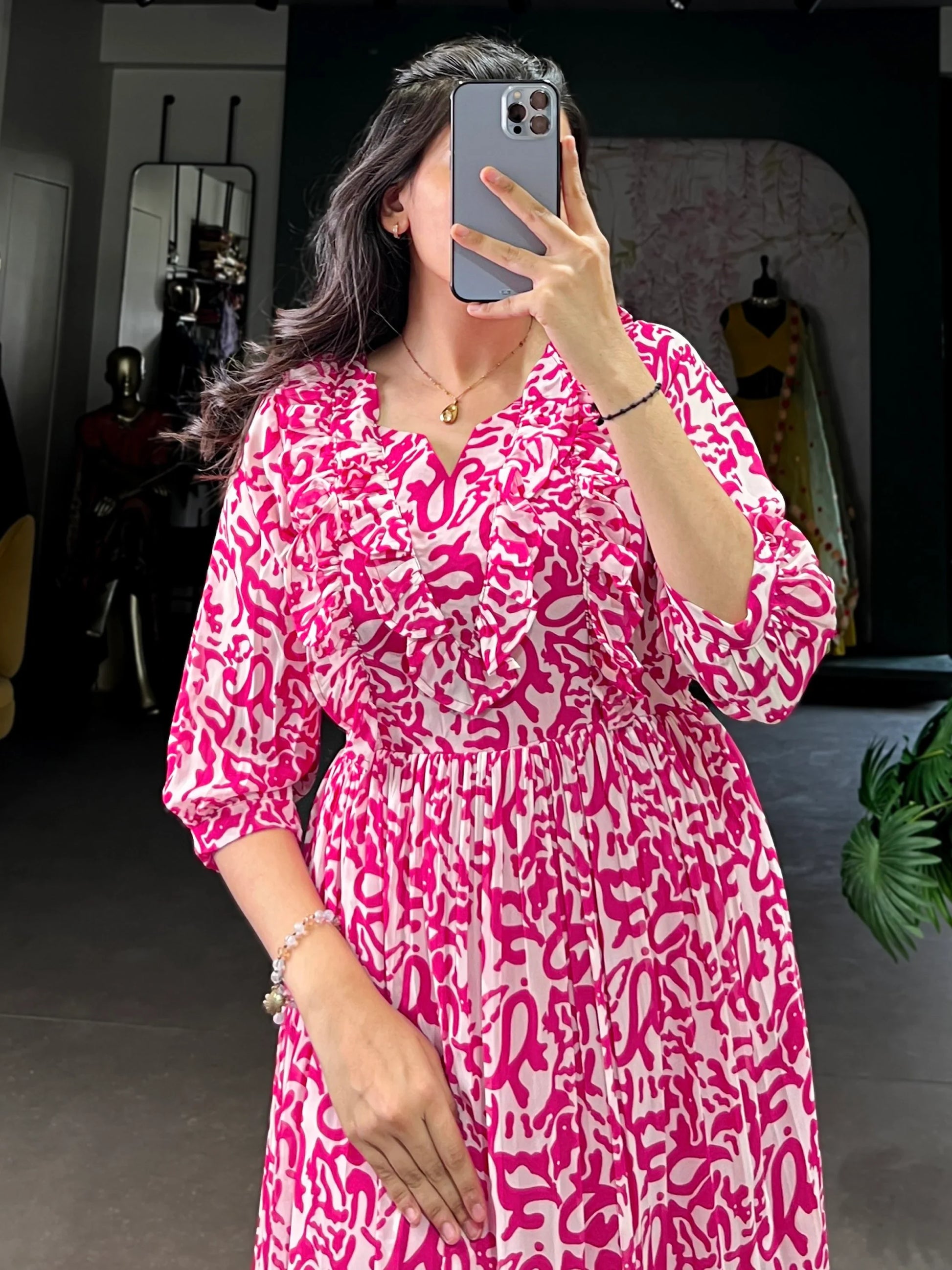 Noticeable Pink Printed Georgette Casual Wear Dress