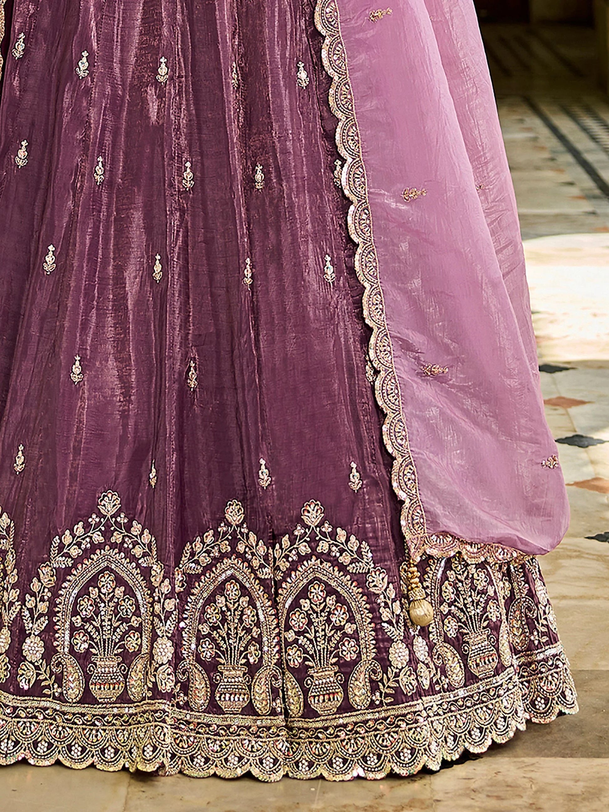 noticeable Wine Heavy Embroidery Crush Reception Wear Lehenga Choli With Dupatta