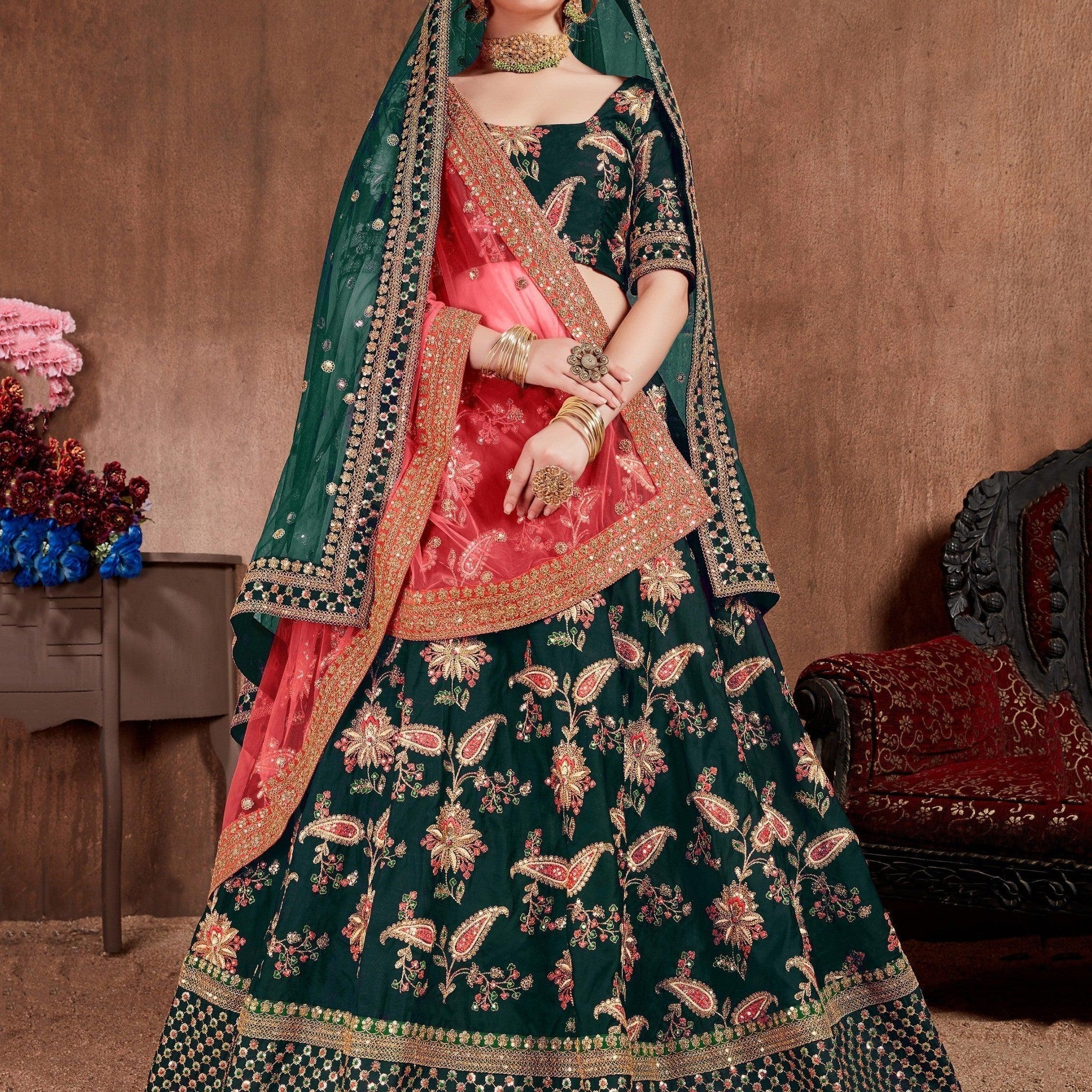 Ethnic Dark Green Colored Bridal Wear Designer Embroidered Lehenga choli