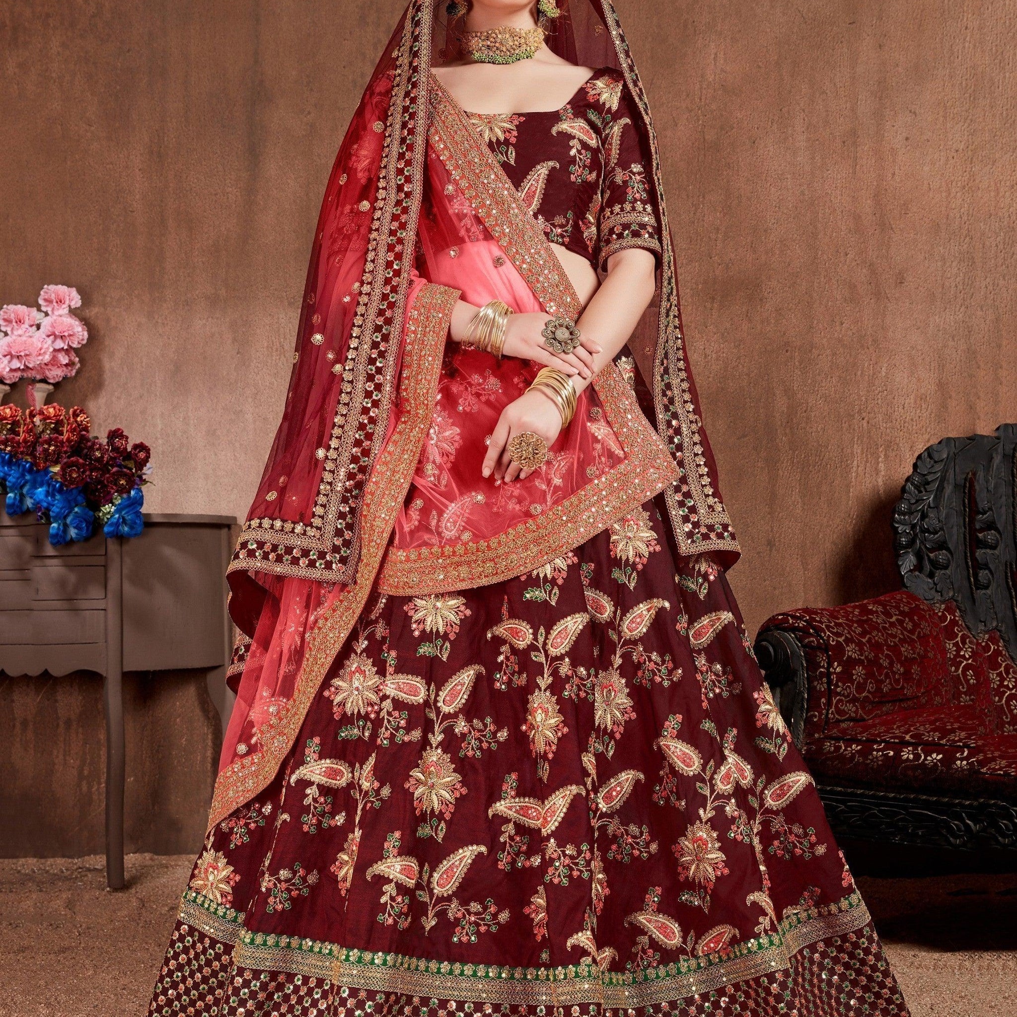 Blooming Dark Maroon Colored Bridal Wear Designer Embroidered Lehenga choli