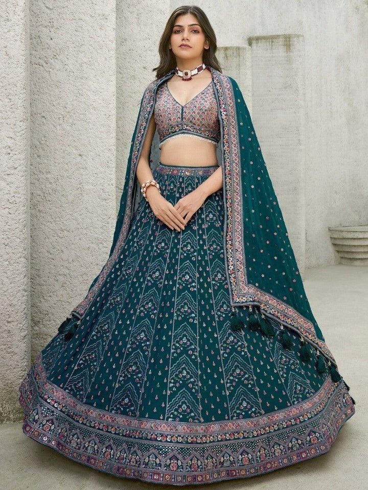 Remarkable Teal Blue Sequins Georgette Lehenga Choli With Dupatta