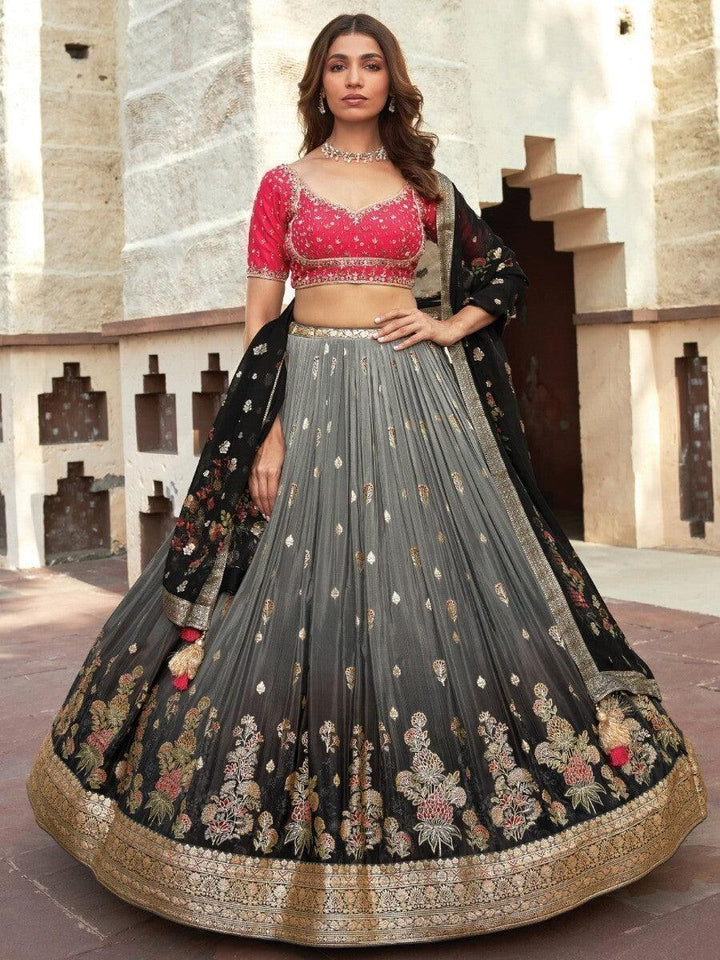 Excellent Grey & Black Zari Woven Silk Lehenga Choli With Dupatta