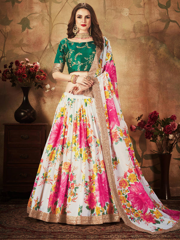 Off-White Floral Digital Printed Organza Bridal Lehenga Choli