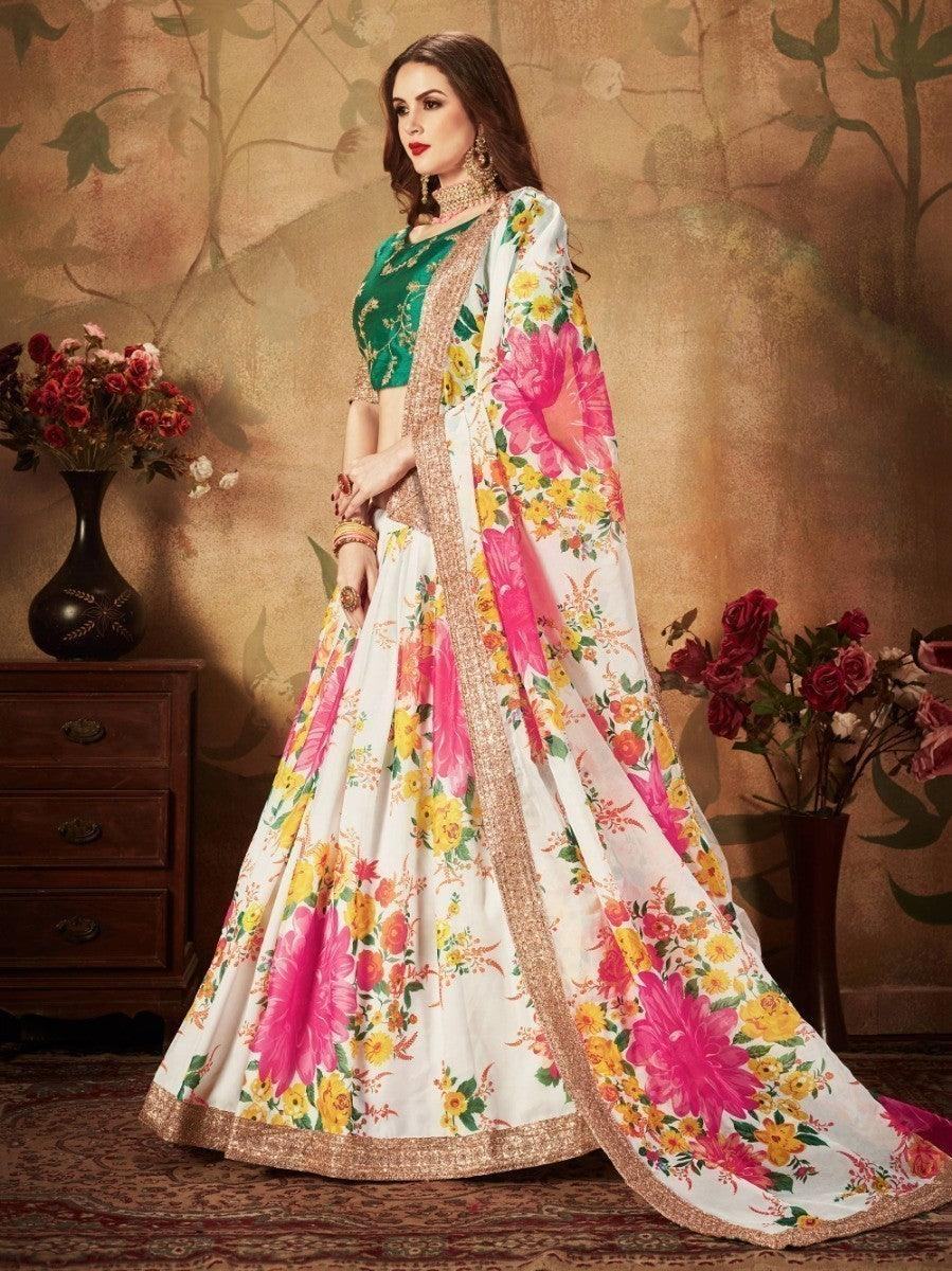 Off-White Floral Digital Printed Organza Bridal Lehenga Choli