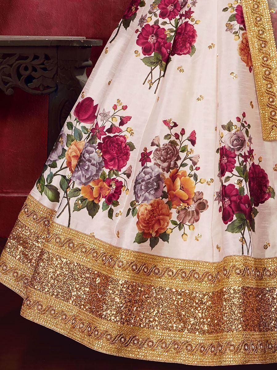 Off-White Floral Print Banglori Silk Wedding Wear Lehenga Choli - Zeel Clothing
