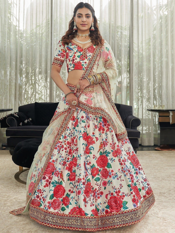 Elegant floral lehenga with red roses and birds, perfect for weddings or festive occasions.
