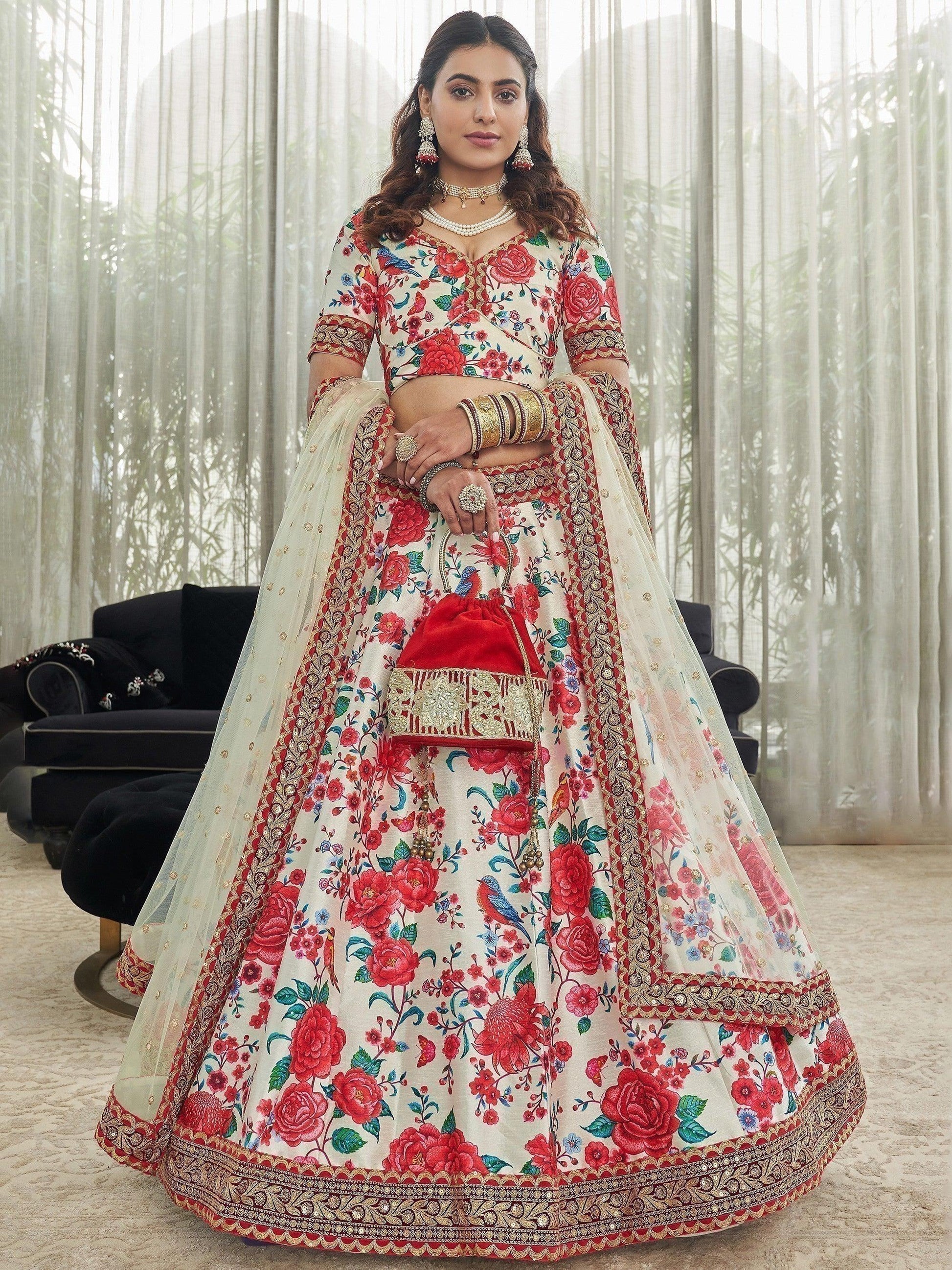 Elegant floral lehenga with red roses, gold embroidery, and matching dupatta for women's festive wear