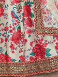 Floral embroidered women's dress with red roses, birds, and gold trim detailing