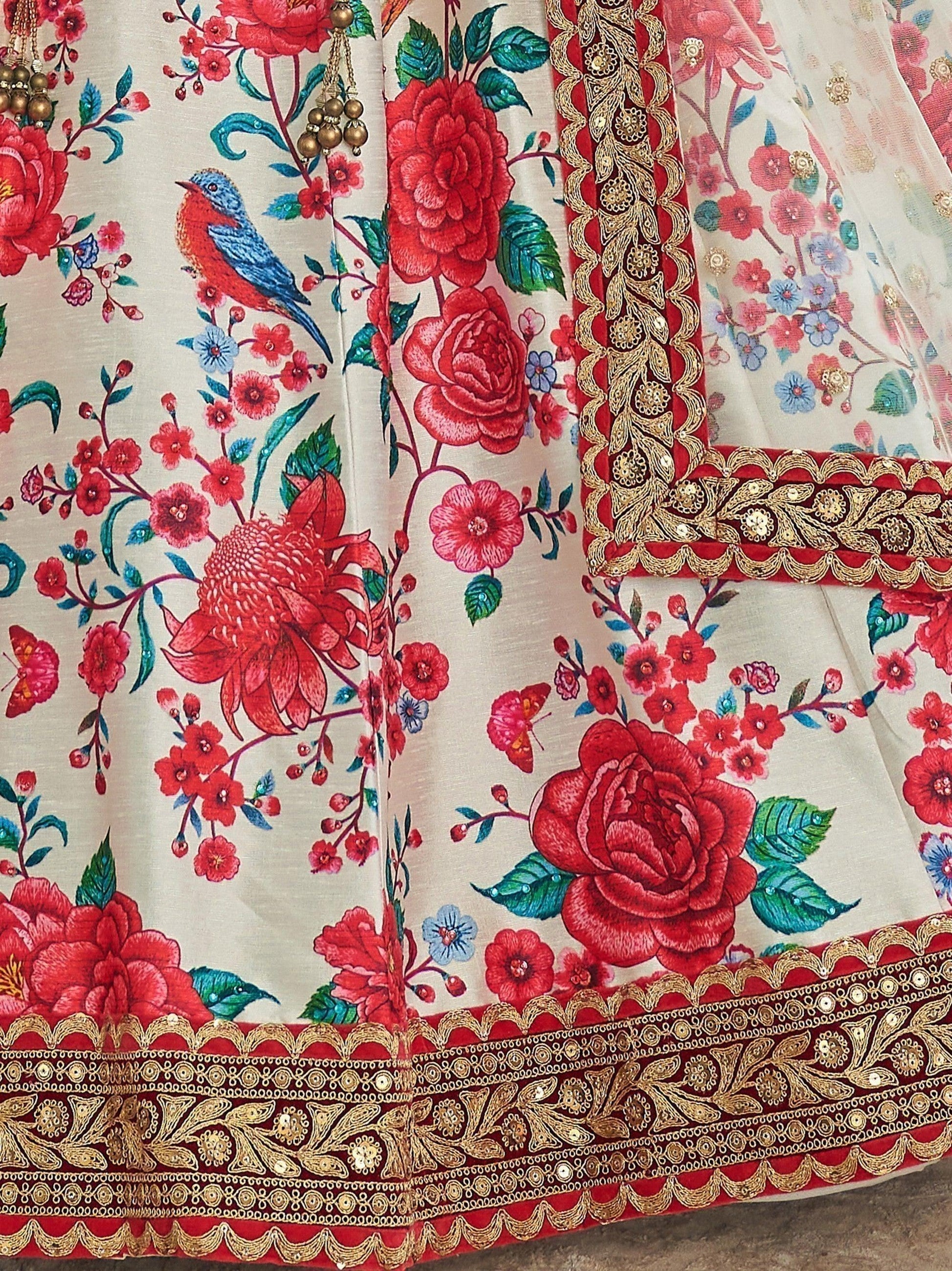 Floral embroidered women's dress with red roses, birds, and gold trim detailing