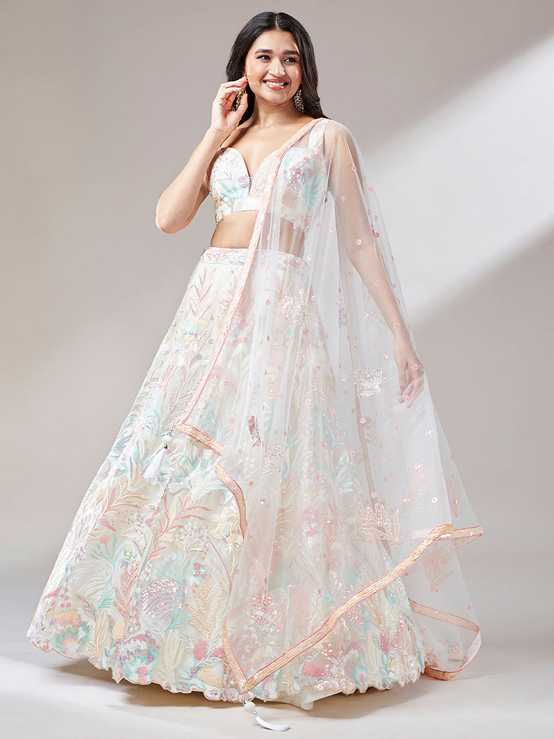 Outstanding Off-White Sequins Net Lehenga Choli With Dupatta