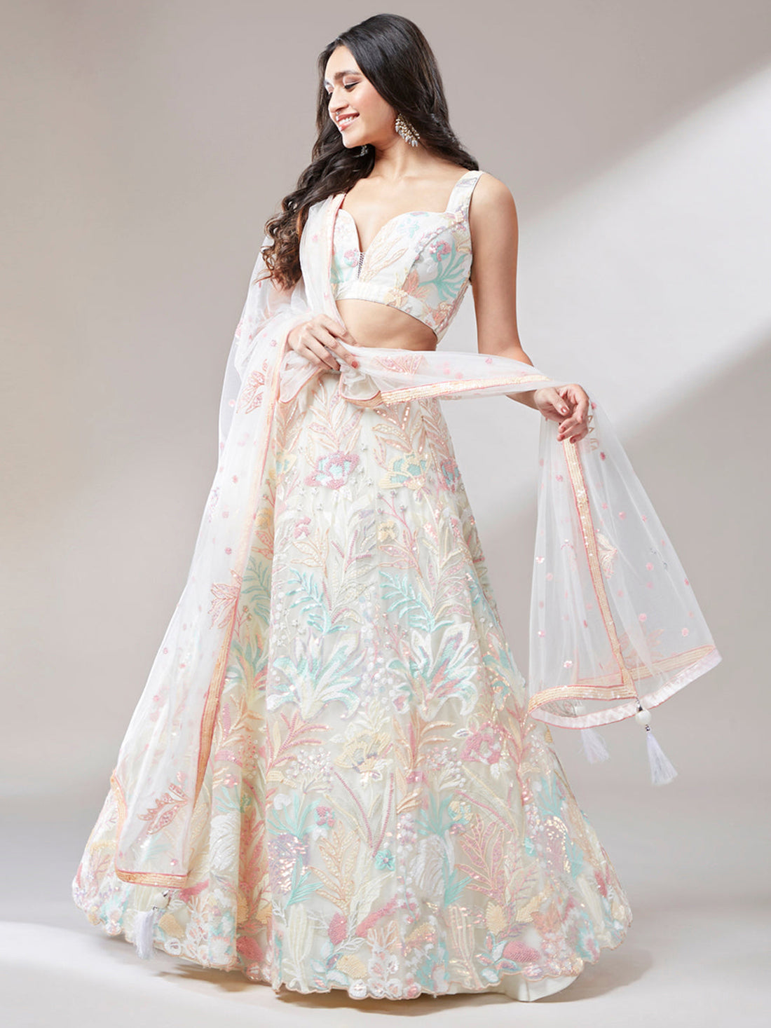 Outstanding Off-White Sequins Net Lehenga Choli With Dupatta