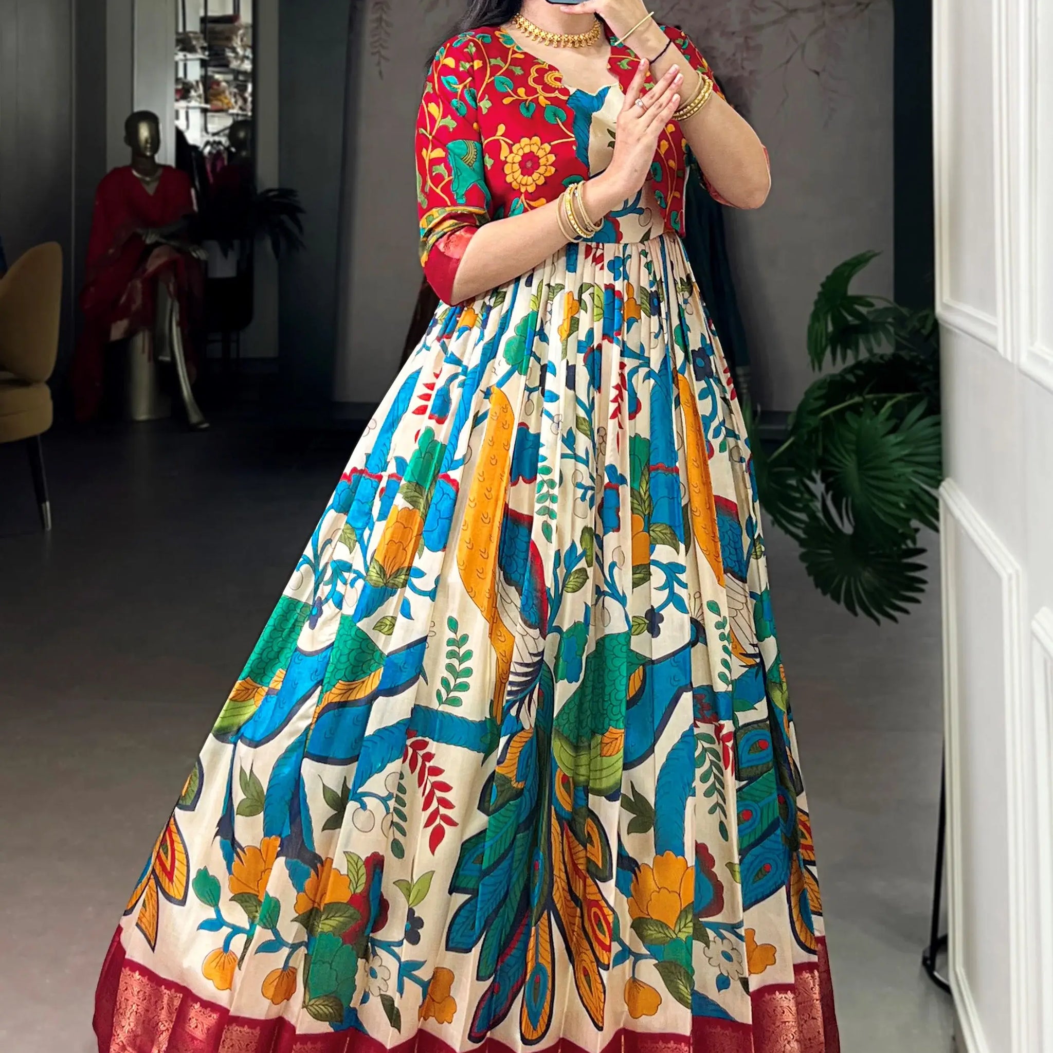 Wonderful Off-White Kalamkari Print Tussar Silk Designer Gown With Jacket