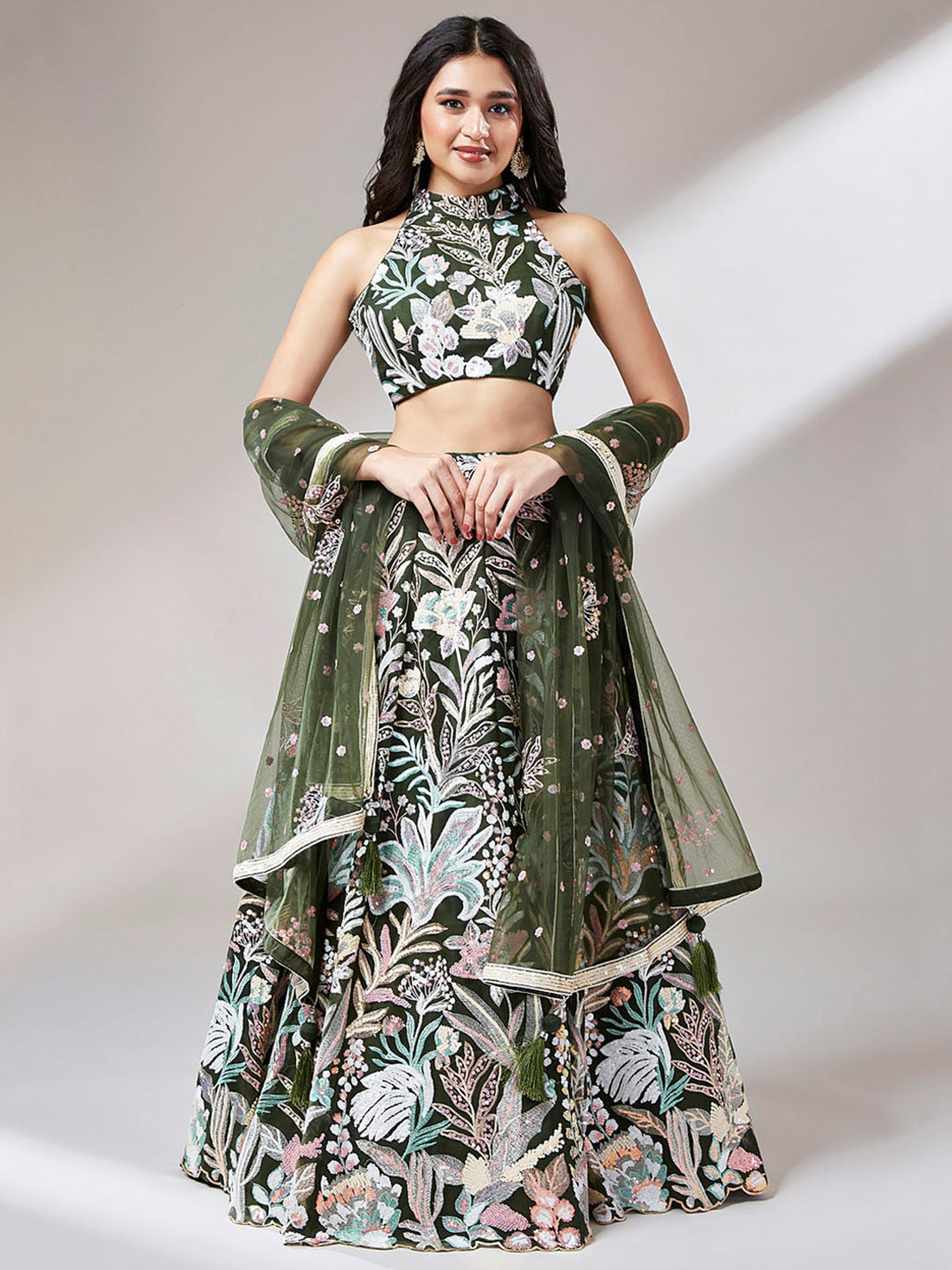 Marvelous Olive Green Sequins Net Mehendi Wear Lehenga Choli