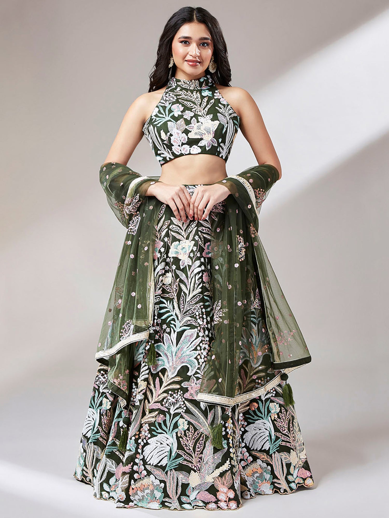 Marvelous Olive Green Sequins Net Mehendi Wear Lehenga Choli