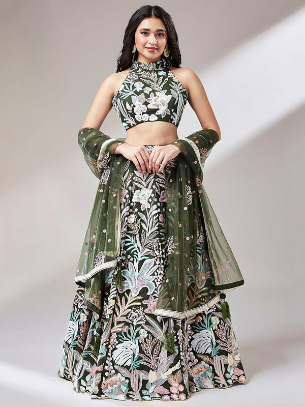 Marvelous Olive Green Sequins Net Mehendi Wear Lehenga Choli