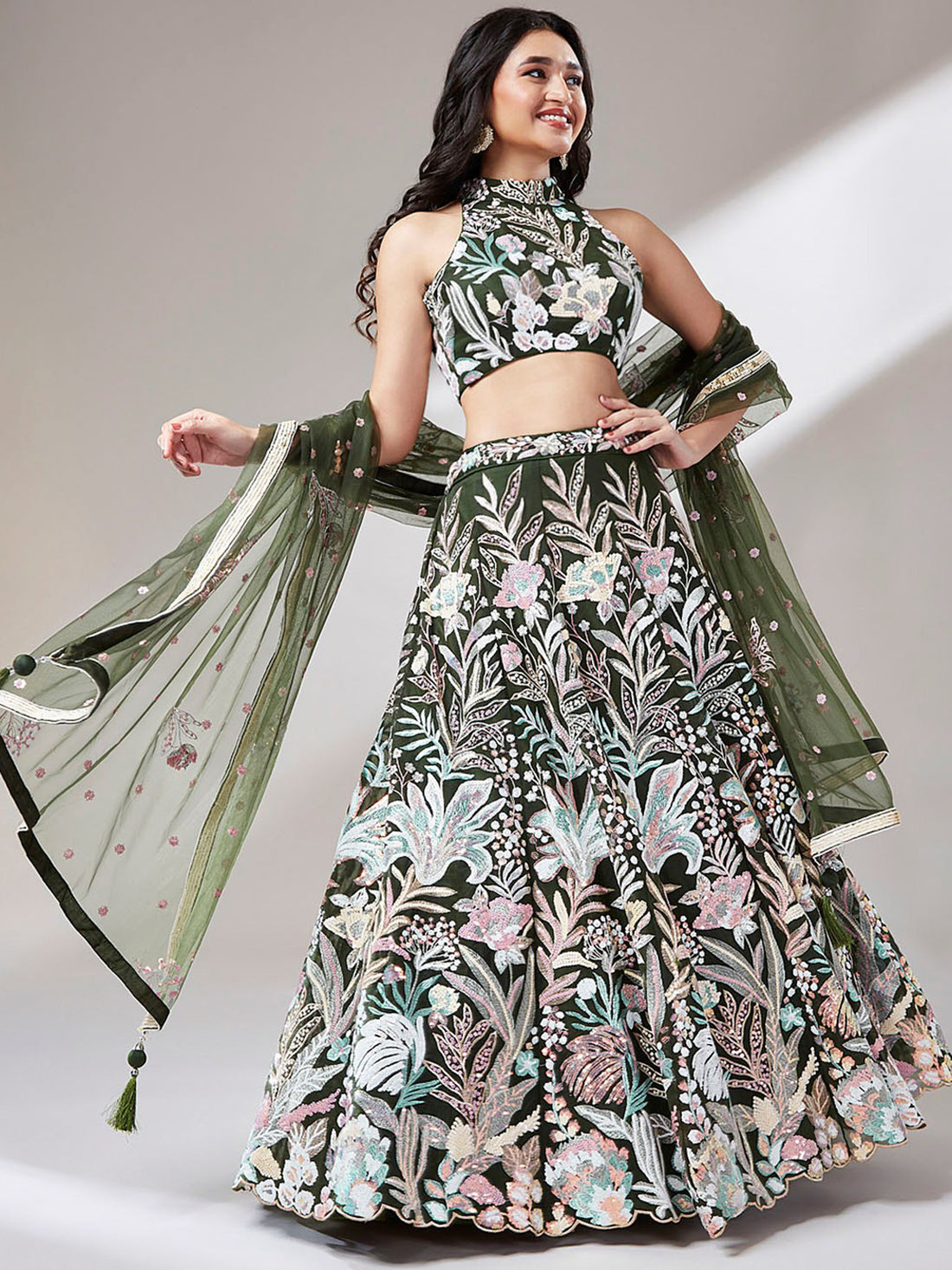 Marvelous Olive Green Sequins Net Mehendi Wear Lehenga Choli