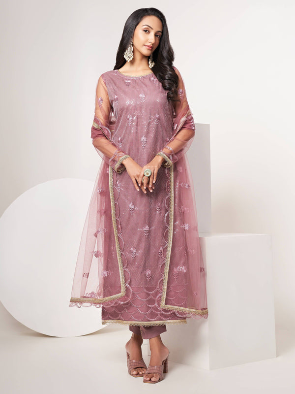 Opulent Dusty Pink Sequins Work Net Sangeet Wear Salwar Suit With Dupatta - Zeel Clothing