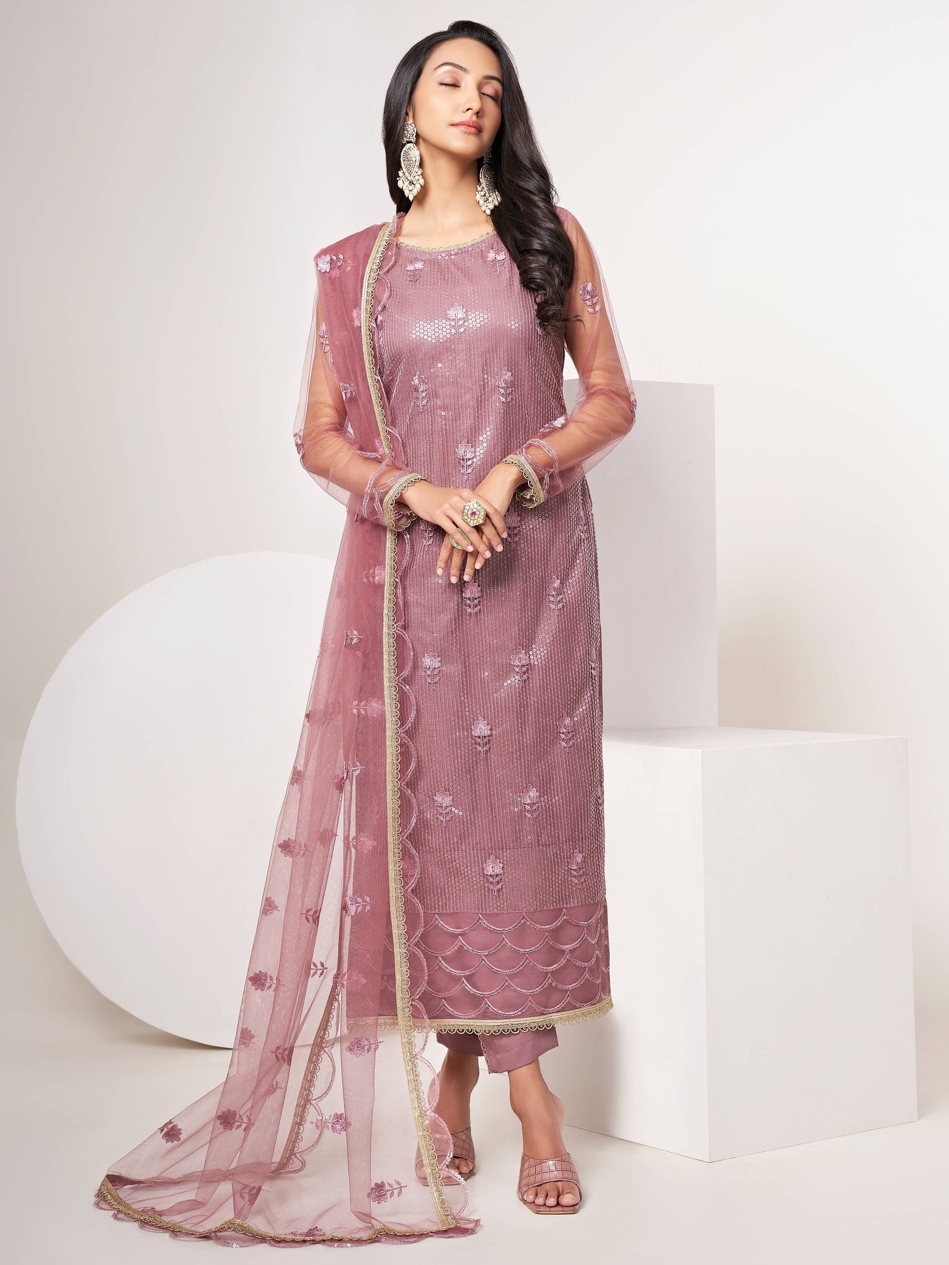 Opulent Dusty Pink Sequins Work Net Sangeet Wear Salwar Suit With Dupatta - Zeel Clothing