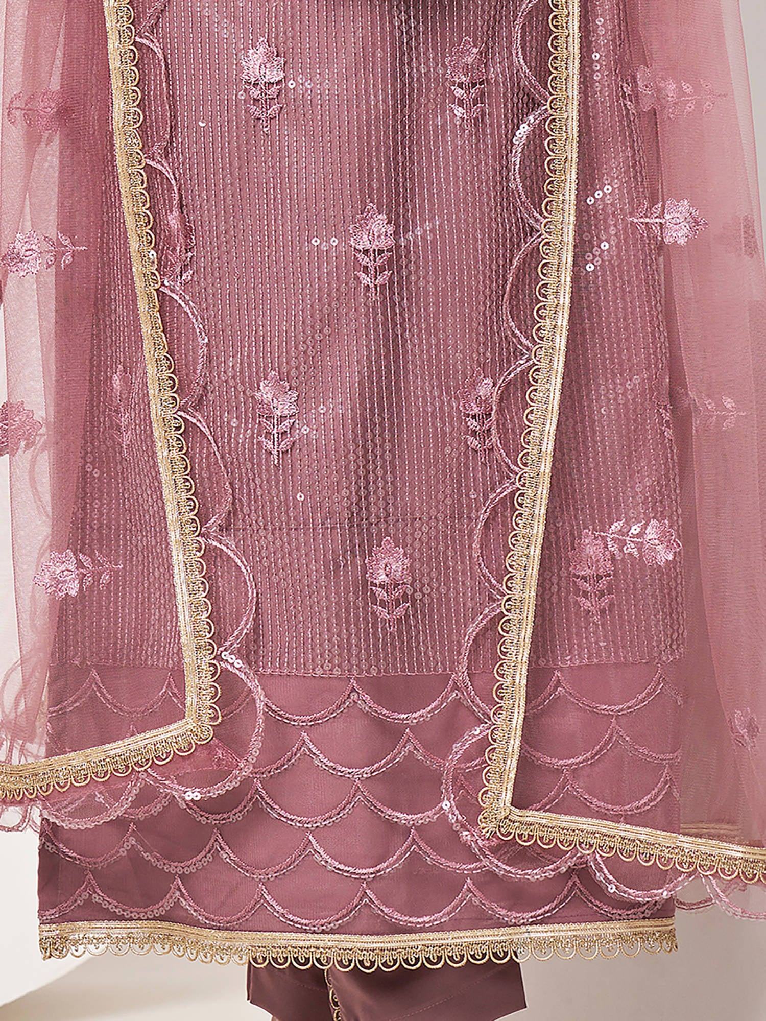 Opulent Dusty Pink Sequins Work Net Sangeet Wear Salwar Suit With Dupatta - Zeel Clothing