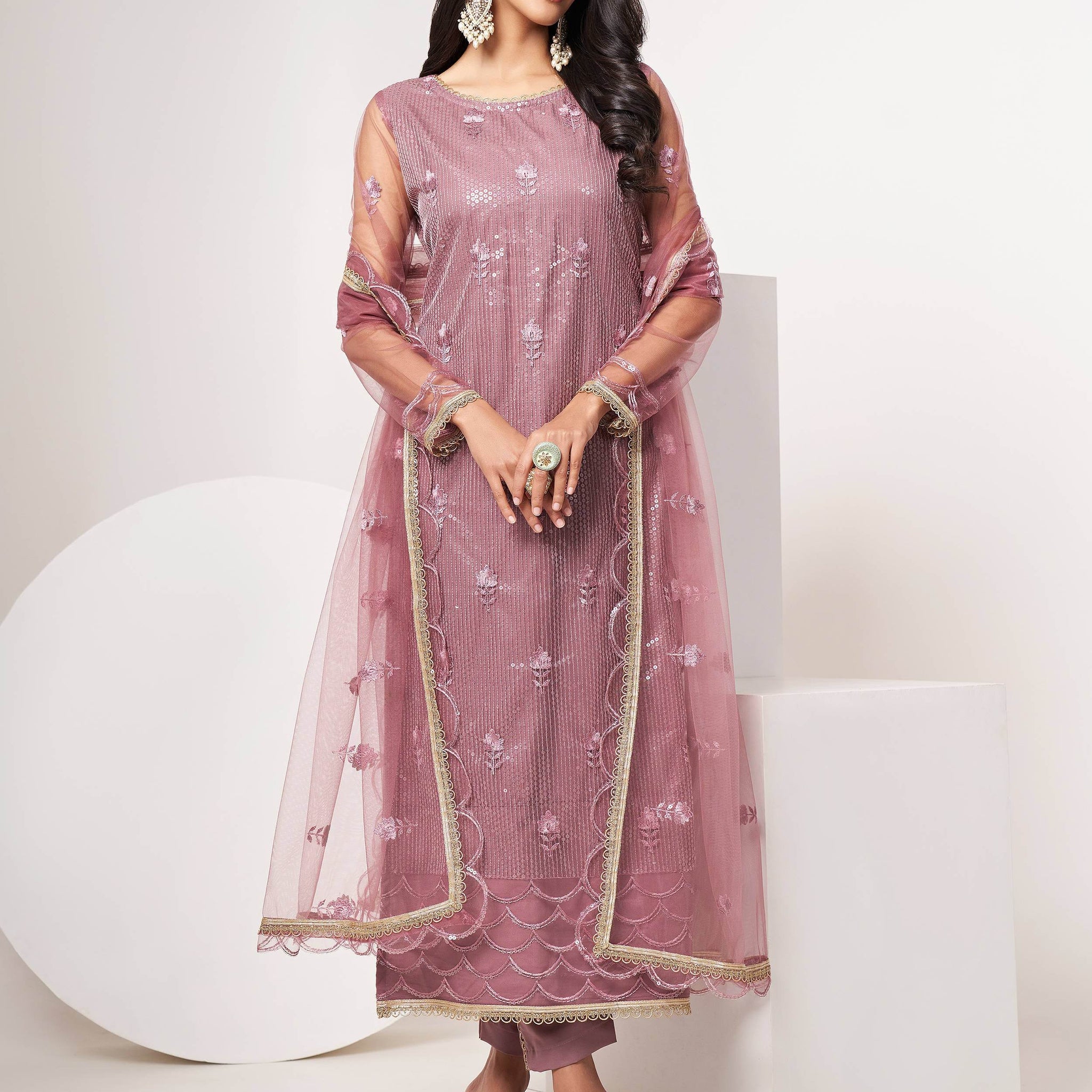 Opulent Dusty Pink Sequins Work Net Sangeet Wear Salwar Suit With Dupatta - Zeel Clothing