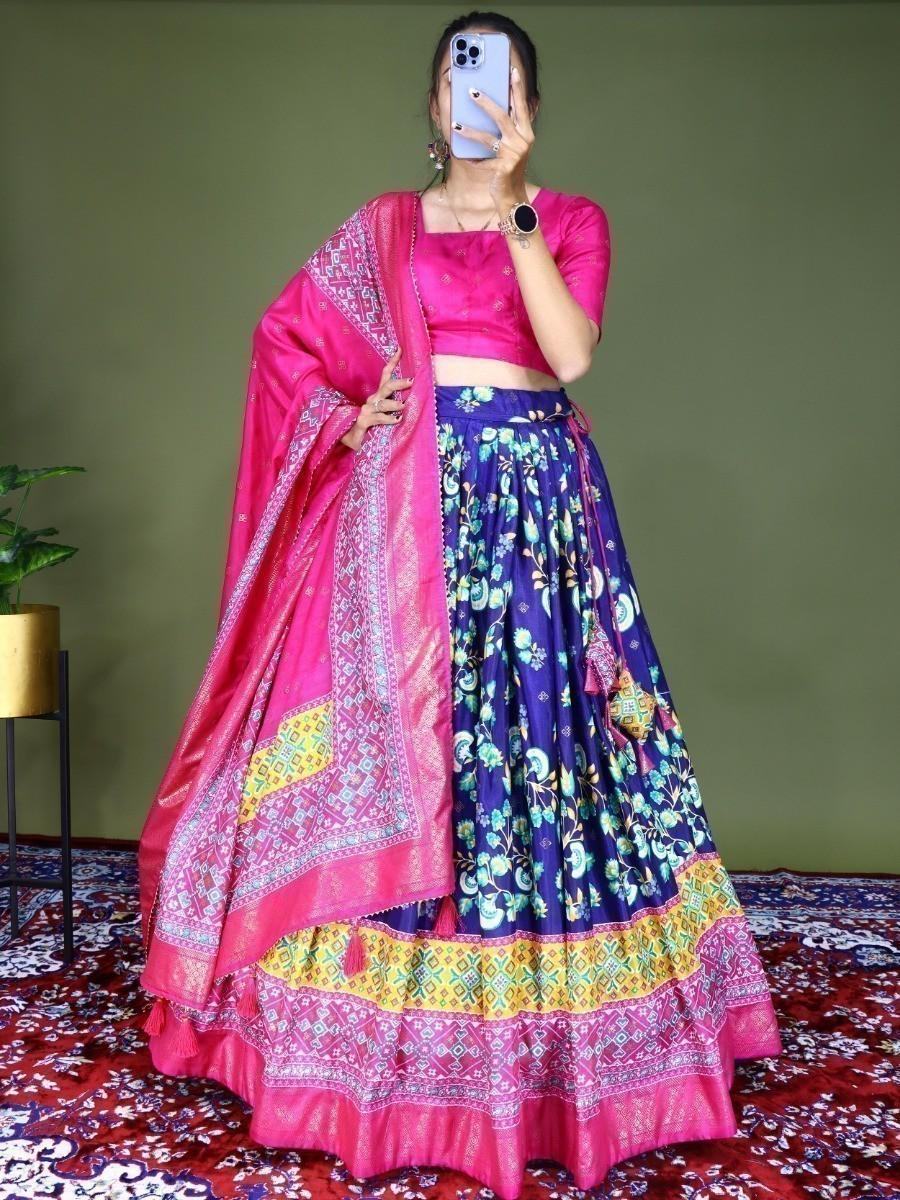 Opulent Navy Blue Digital Printed Silk Festive Wear Lehenga Choli