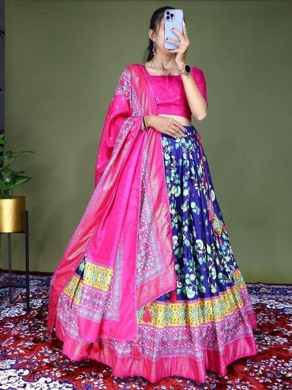Opulent Navy Blue Digital Printed Silk Festive Wear Lehenga Choli - Zeel Clothing
