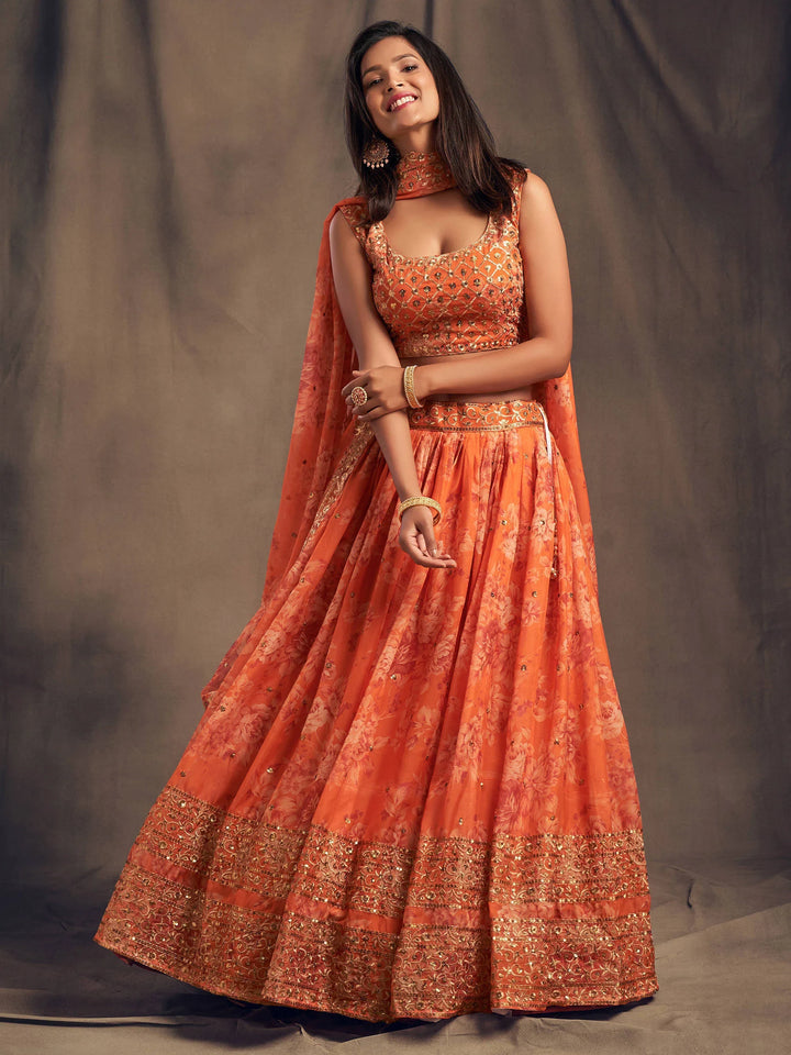 Orange Floral Printed Organza Festival Lehenga Choli - Zeel Clothing