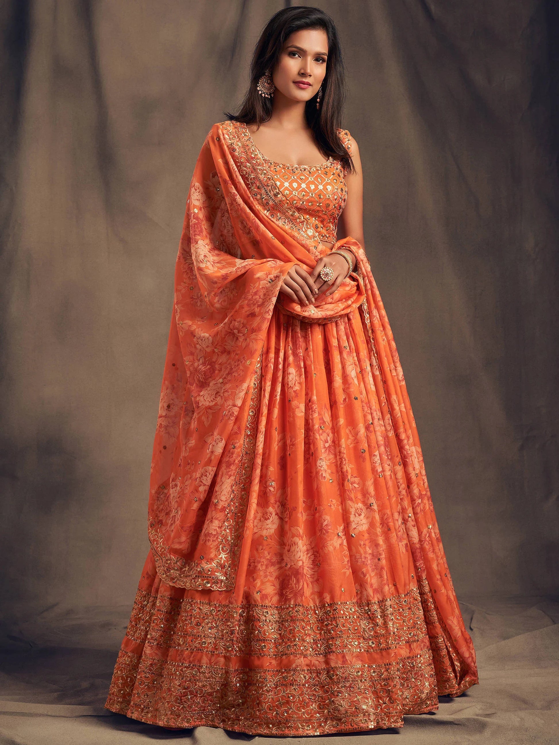 Orange Floral Printed Organza Festival Lehenga Choli - Zeel Clothing