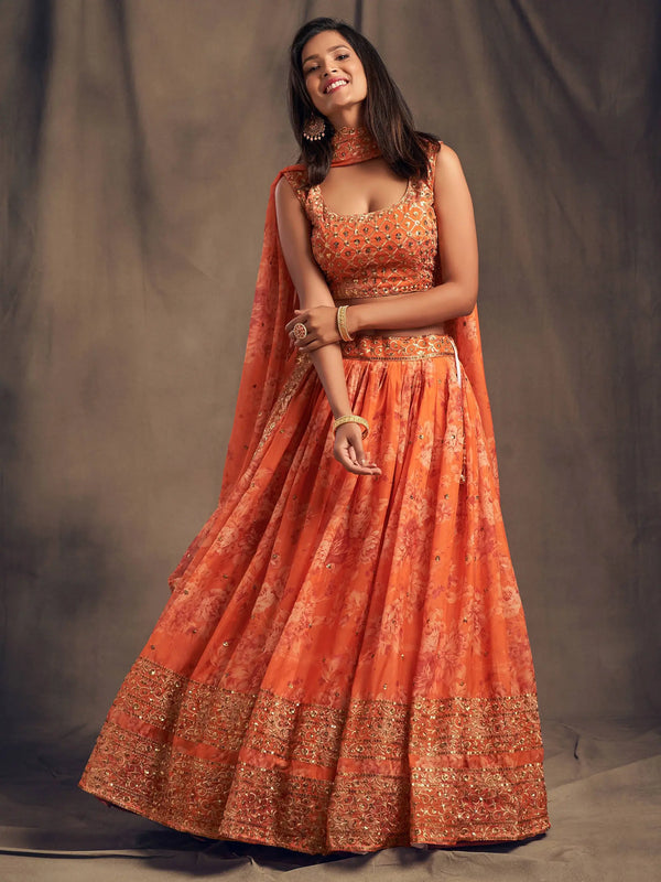 Orange Floral Printed Organza Festival Lehenga Choli - Zeel Clothing